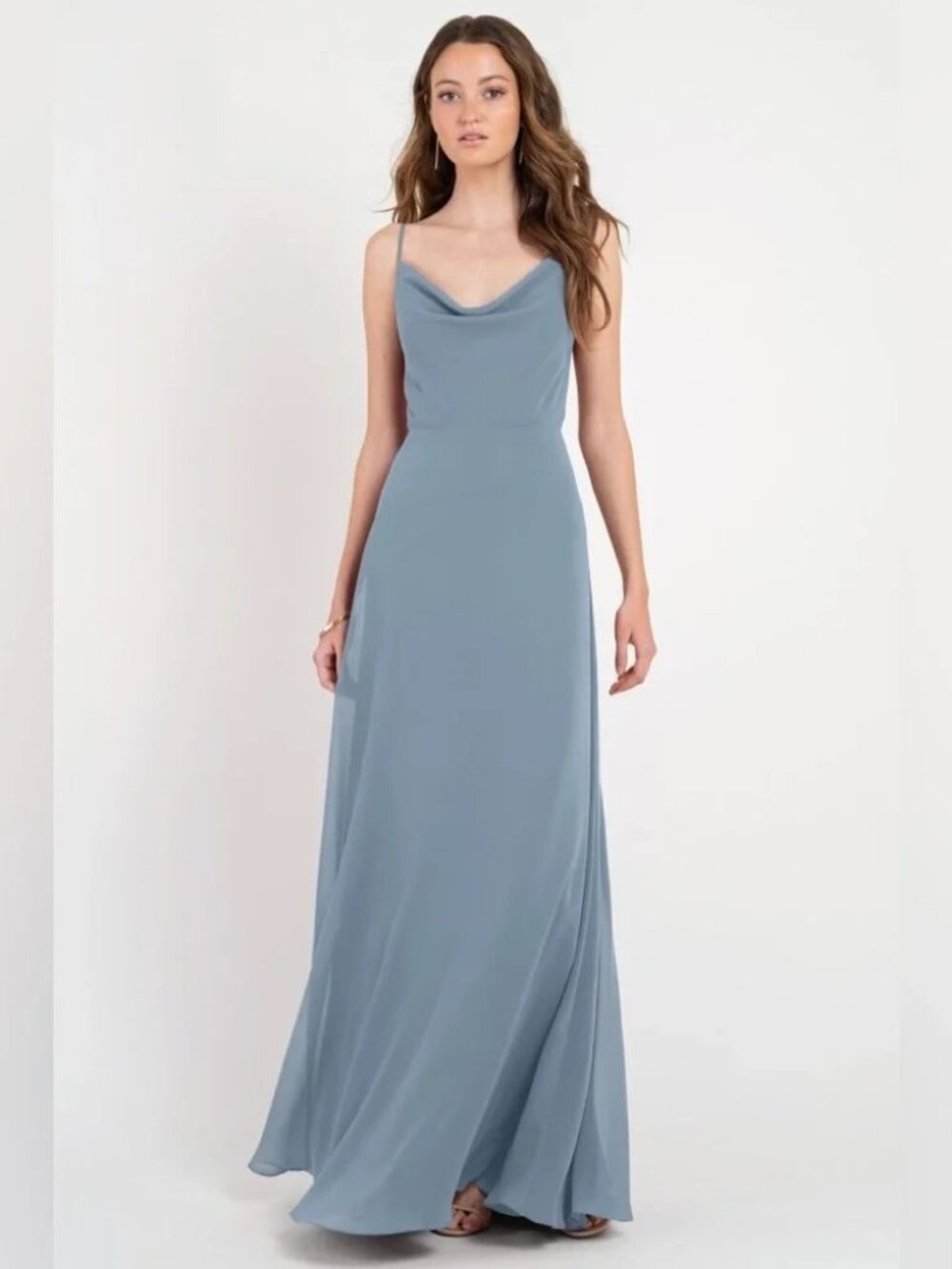 Jenny Yoo Colby Women's Soft Light Blue Slip Maxi Bridesmaid Dress Cowl Neck